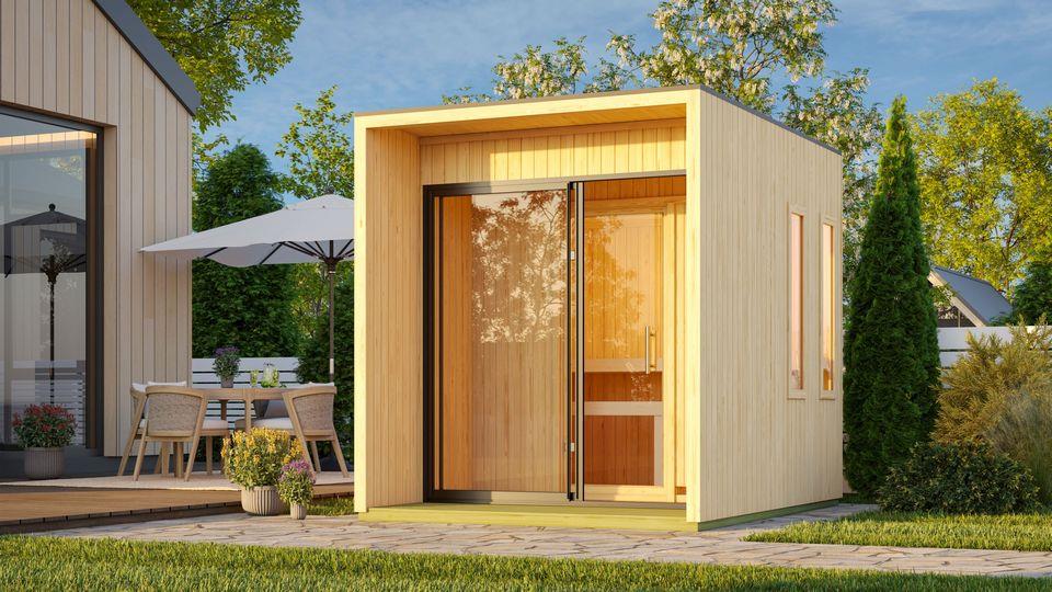 Aussenssauna Branko mit 9 kW Ofen FIN 9 und Huum Wifi Steuerung natur