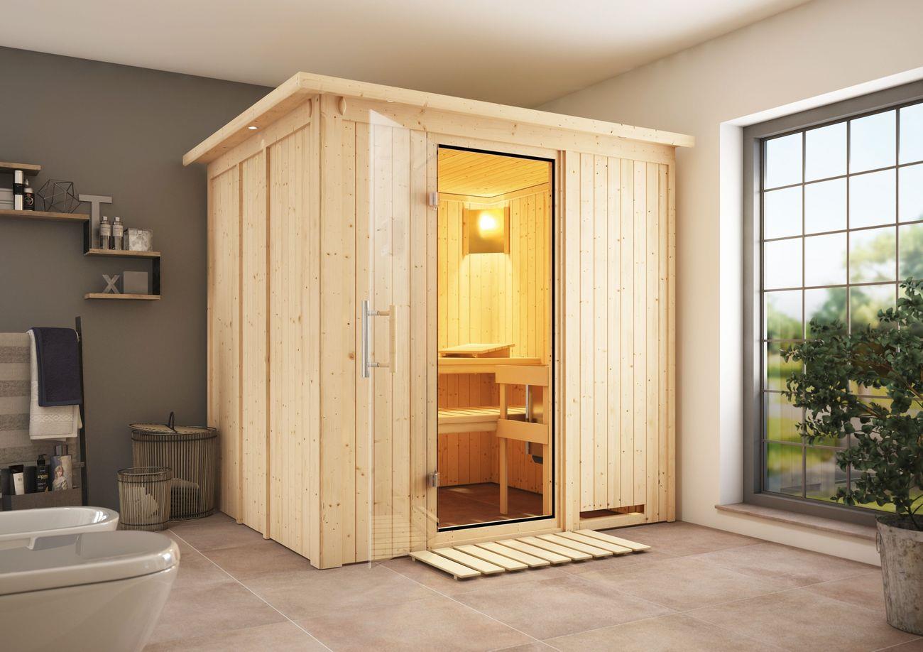 Innensauna Arto mit 9 kW Ofen BIO 9 und Huum Wifi Steuerung natur