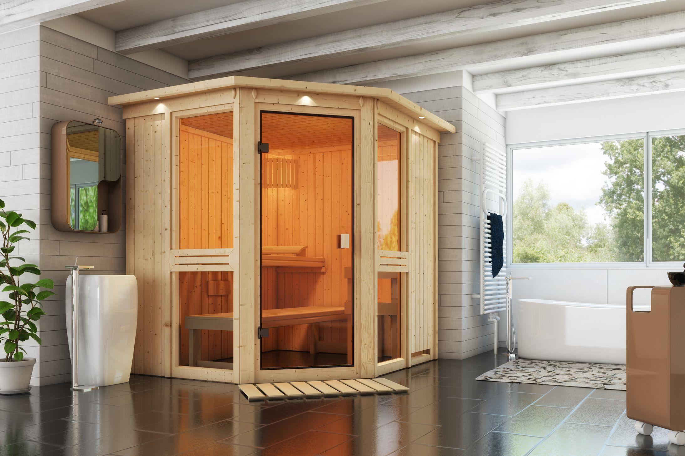 Innensauna Jari mit 9 kW Ofen BIO 9 und Huum Wifi Steuerung natur