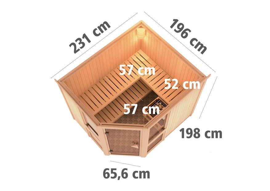 Innensauna Jamo mit 9 kW Ofen FIN 9 und Huum Wifi Steuerung natur