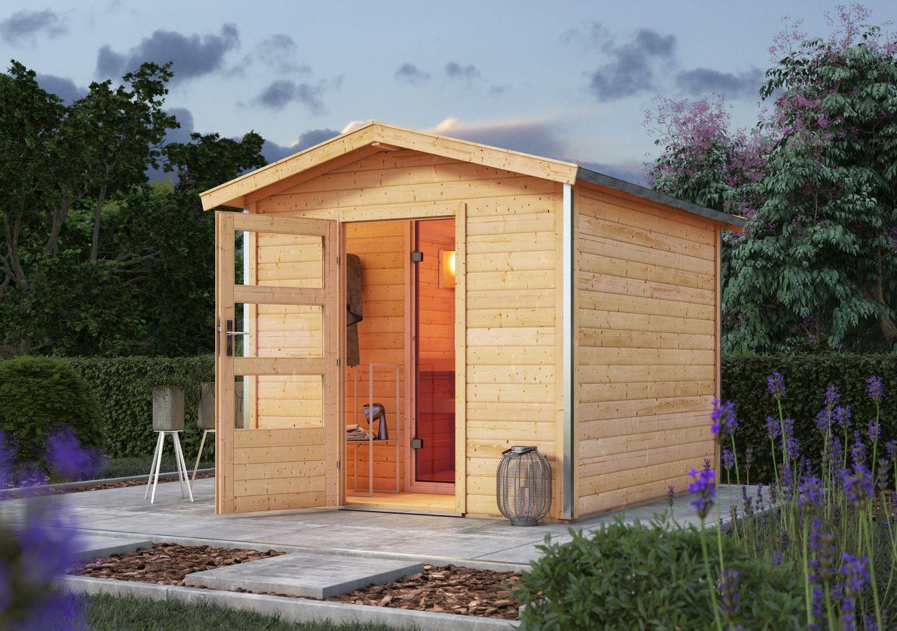 Aussenssauna Bonde mit 9 kW Ofen BIO 9 und Huum Wifi Steuerung natur