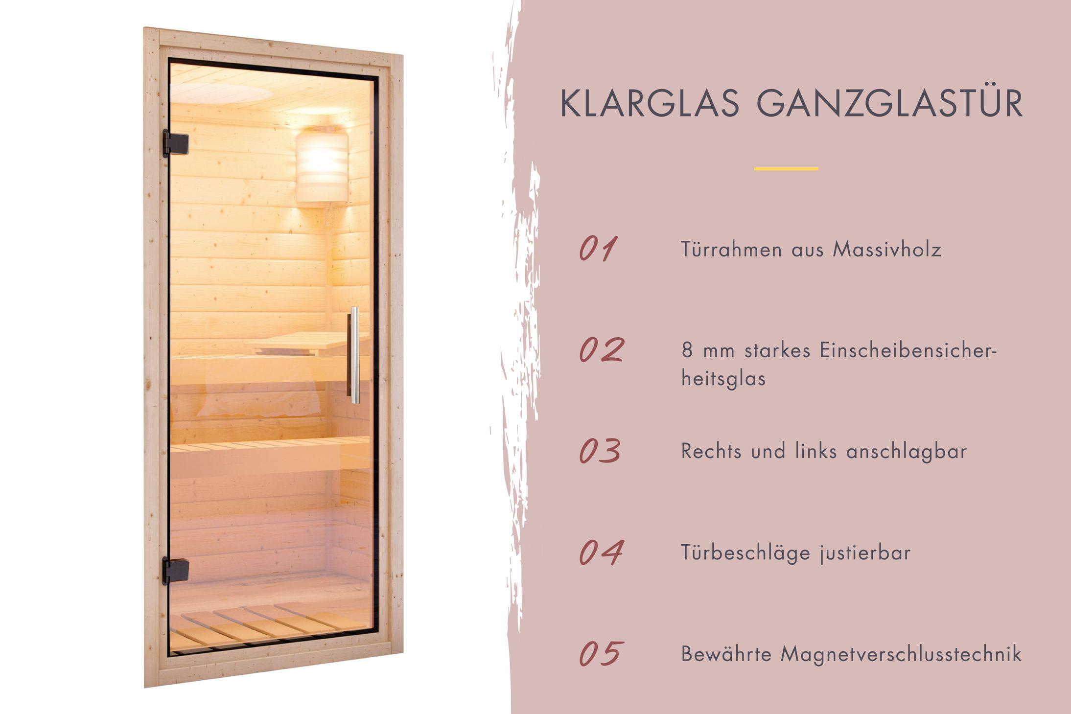 Innensauna Lona mit 9 kW Ofen FIN 9 und Huum Wifi Steuerung natur