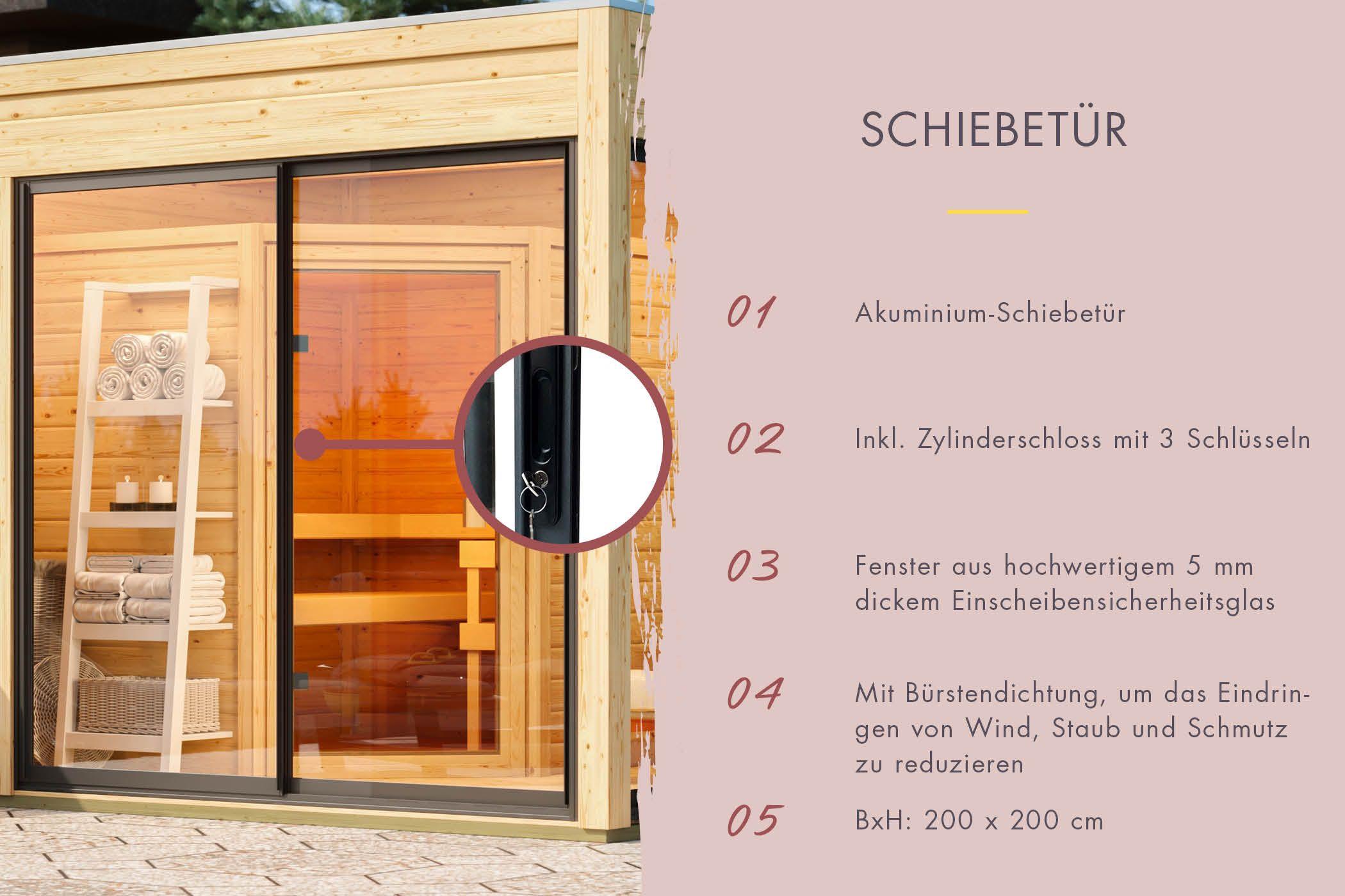Aussenssauna Skagen mit 9 kW Ofen BIO 9 und Huum Wifi Steuerung natur