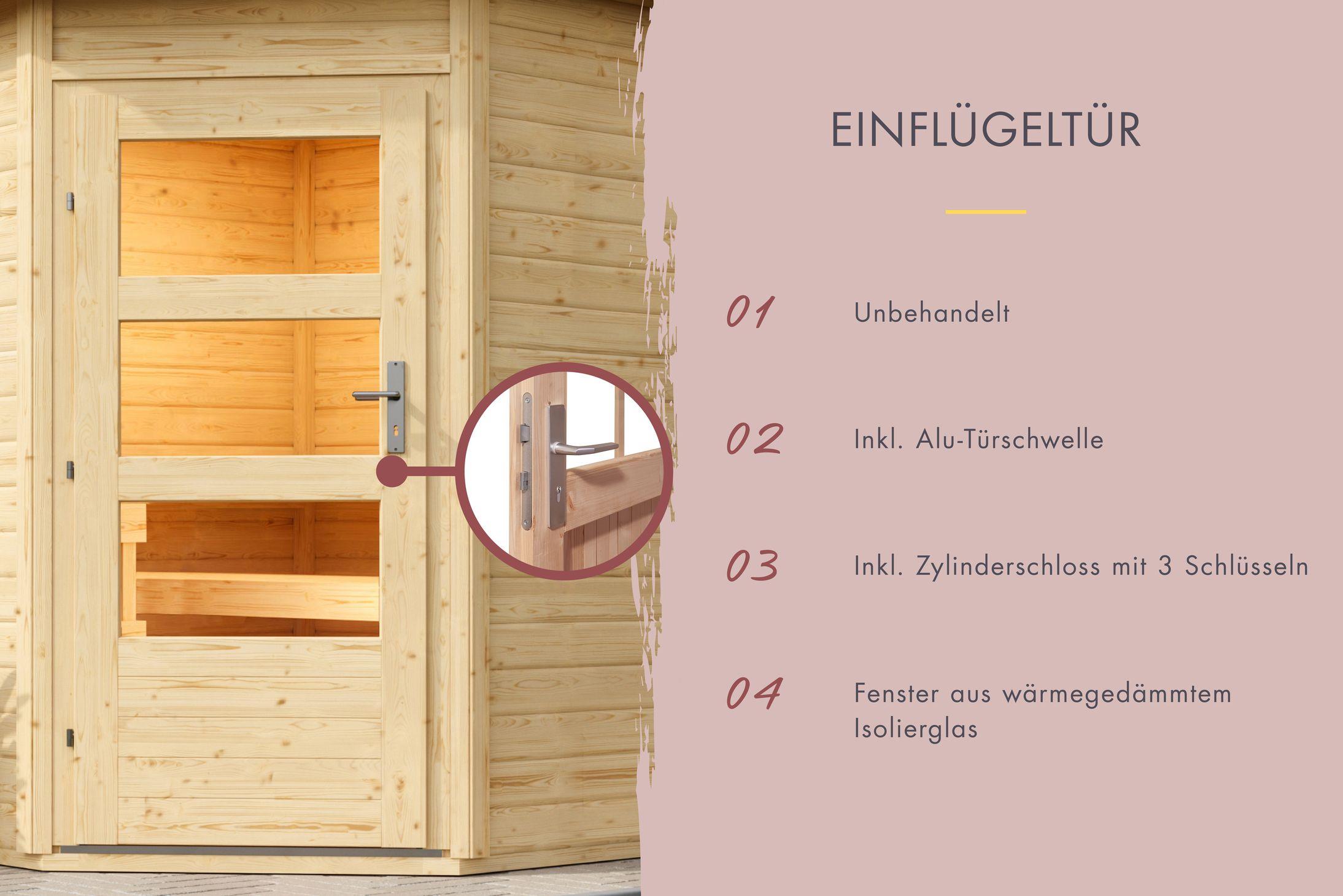 Aussenssauna Bonde mit 9 kW Ofen FIN 9 und Huum Wifi Steuerung natur