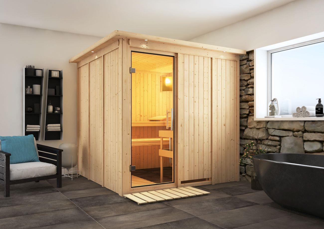 Innensauna Caro mit 9 kW Ofen BIO 9 und Huum Wifi Steuerung natur