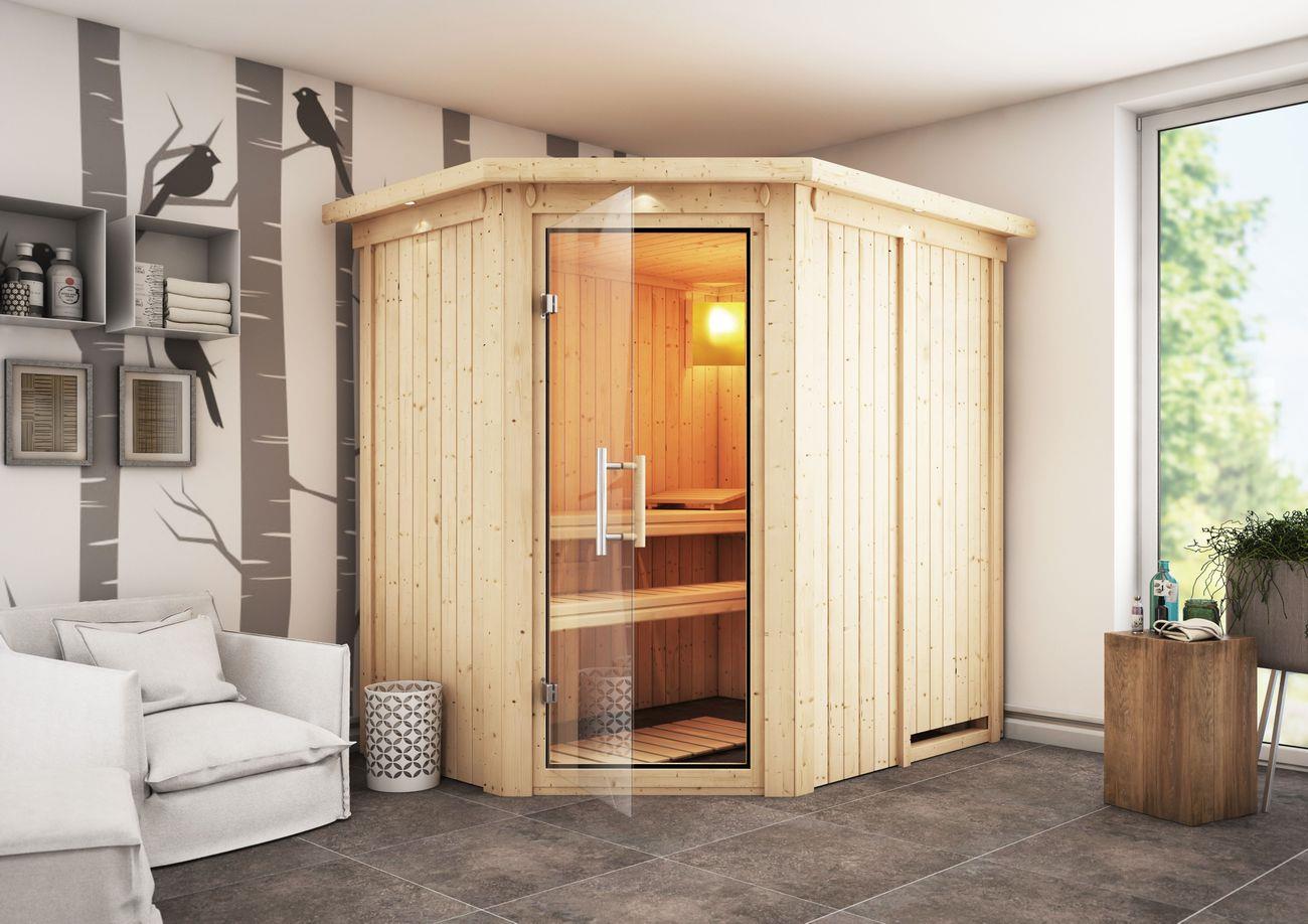 Innensauna Nedo mit 9 kW Ofen BIO 9 und Huum Wifi Steuerung natur