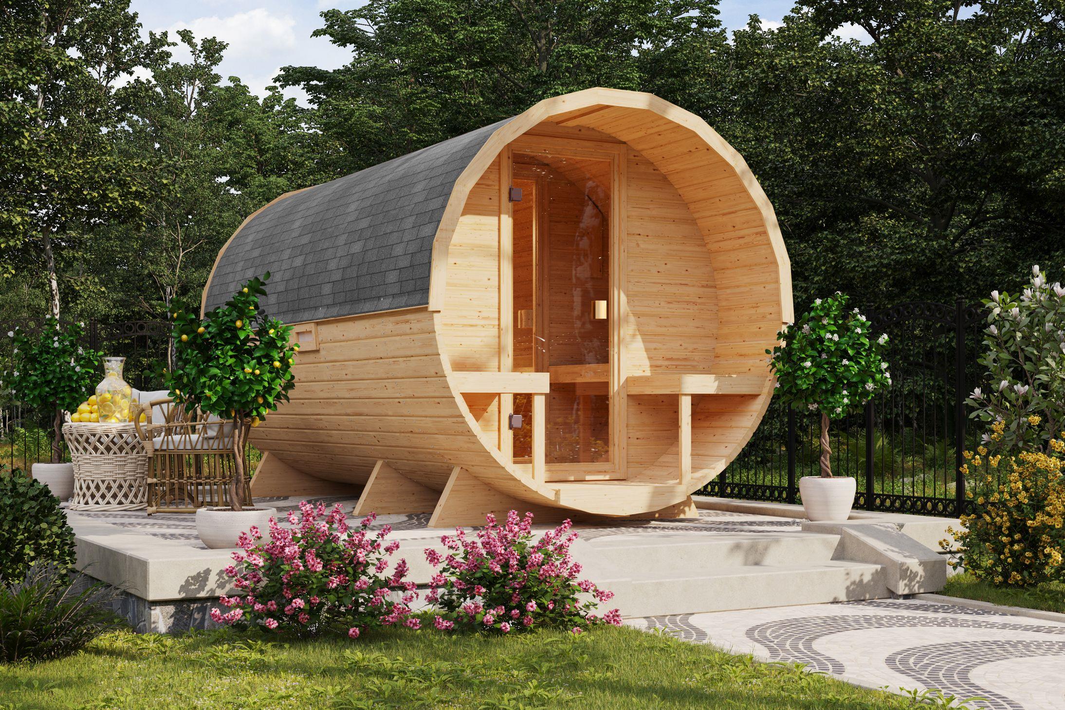 Fasssauna Tornby XL mit 9 kW Ofen BIO 9 und Huum Wifi Steuerung natur Dach: schwarz
