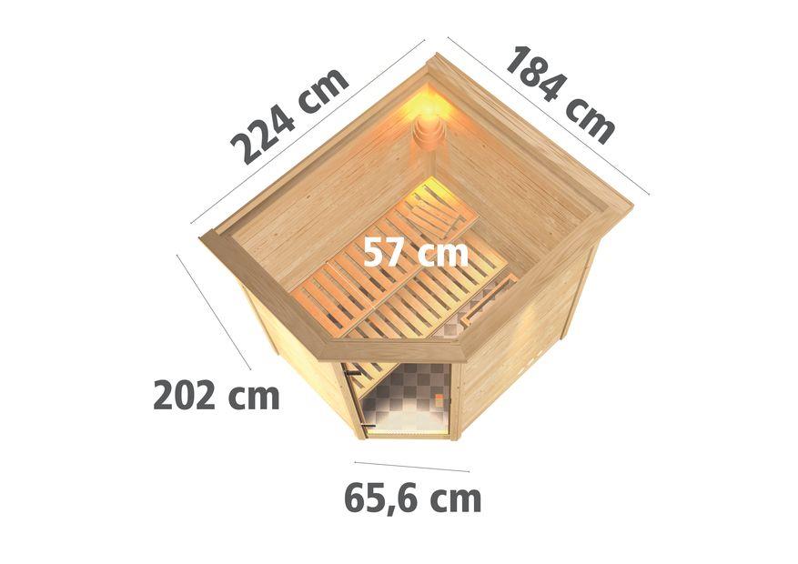 Innensauna Rommo mit 9 kW Ofen FIN 9 und Huum Wifi Steuerung natur