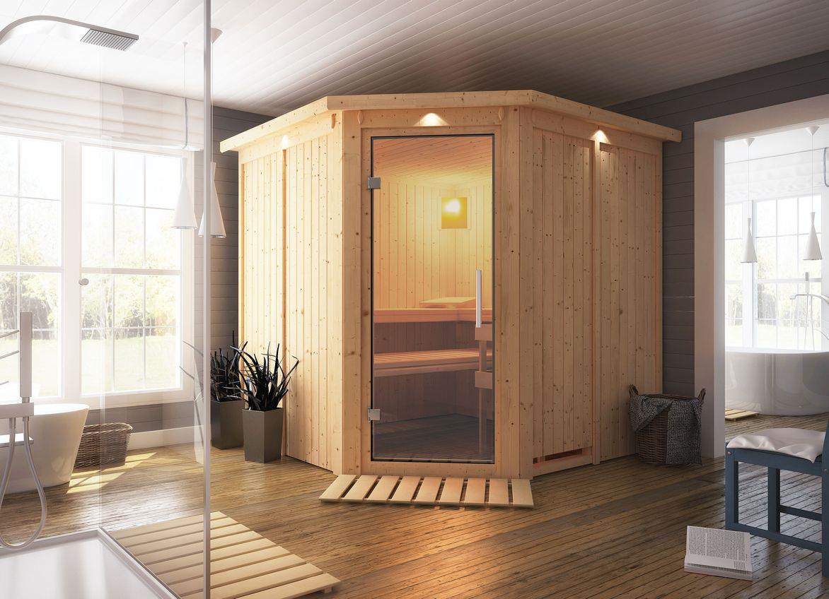 Innensauna Alvar mit 9 kW Ofen BIO 9 und Huum Wifi Steuerung natur