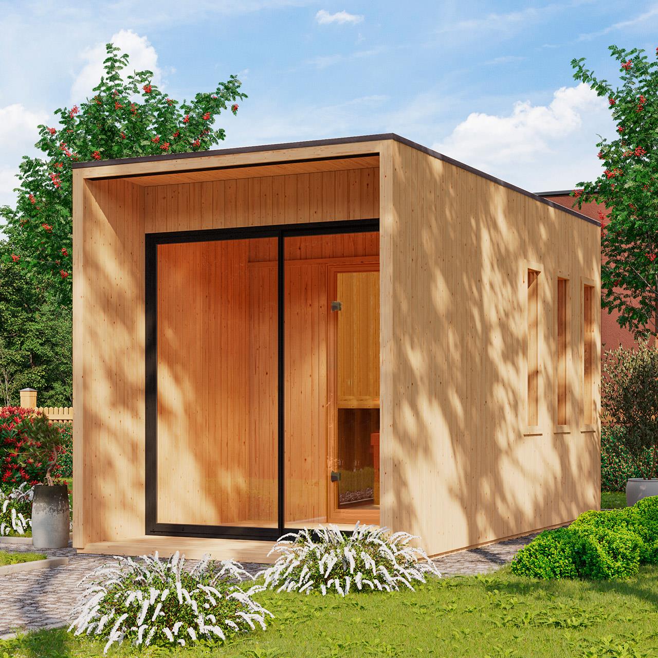 Aussenssauna Skagen mit 9 kW Ofen FIN 9 und Huum Wifi Steuerung natur