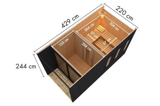 Aussenssauna Skagen mit 9 kW Ofen BIO 9 und Huum Wifi Steuerung schwarz